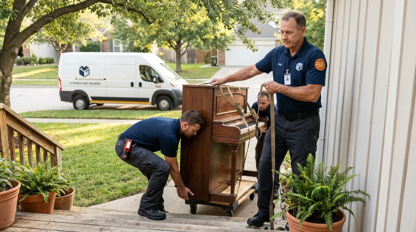 Licensed piano movers securing grand piano in Lajas, PR