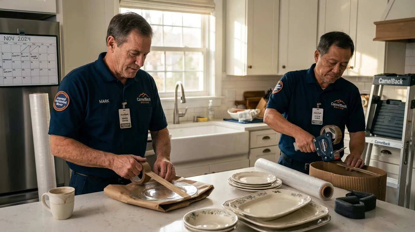 Professional crew packing kitchen dishware in Lajas, PR
